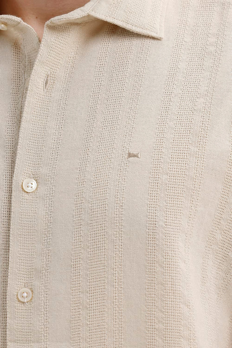 BASICS SLIM FIT BEIGE BRULEE COTTON LENO DOBBY SHIRT