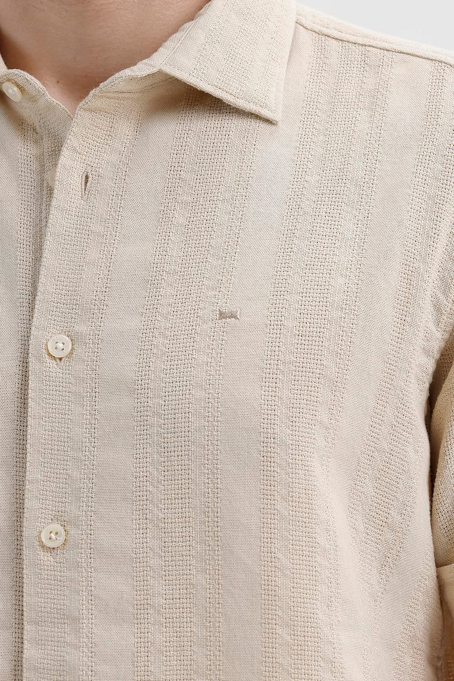 BASICS SLIM FIT BEIGE BRULEE COTTON LENO DOBBY HALFSLEEVES SHIRT