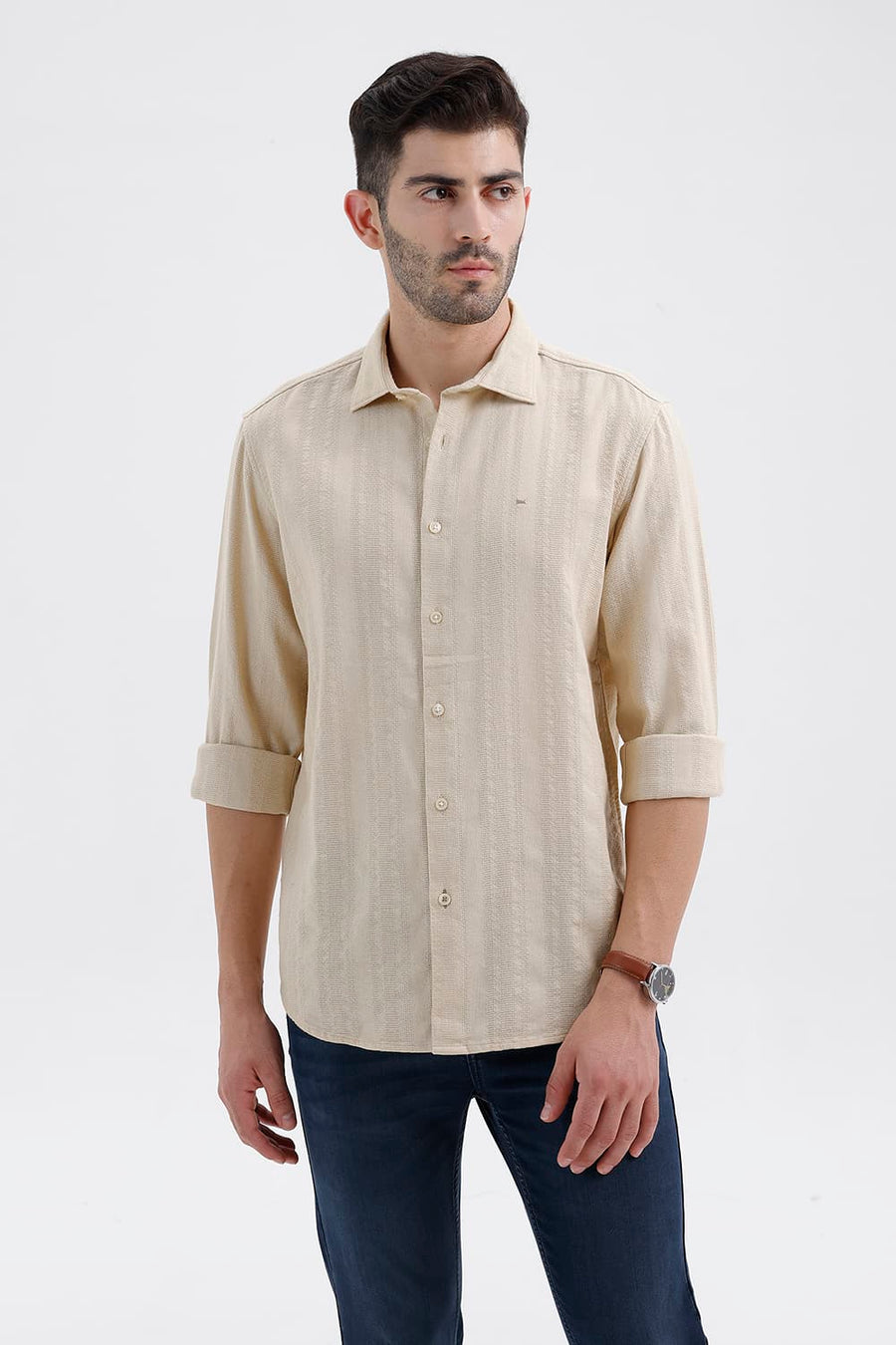 BASICS SLIM FIT BEIGE BRULEE COTTON LENO DOBBY SHIRT