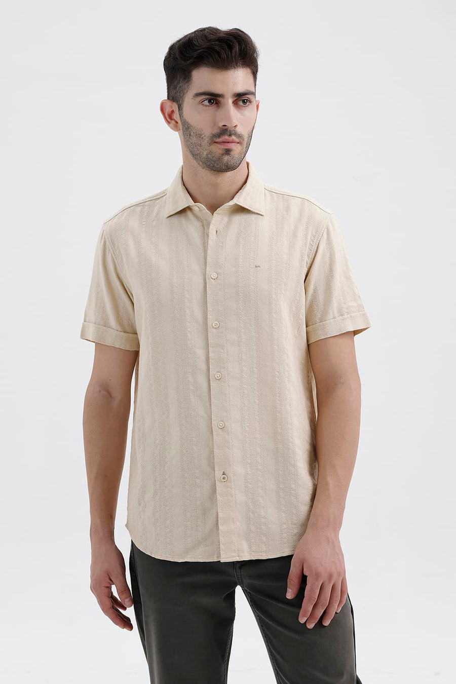 BASICS SLIM FIT BEIGE BRULEE COTTON LENO DOBBY HALFSLEEVES SHIRT