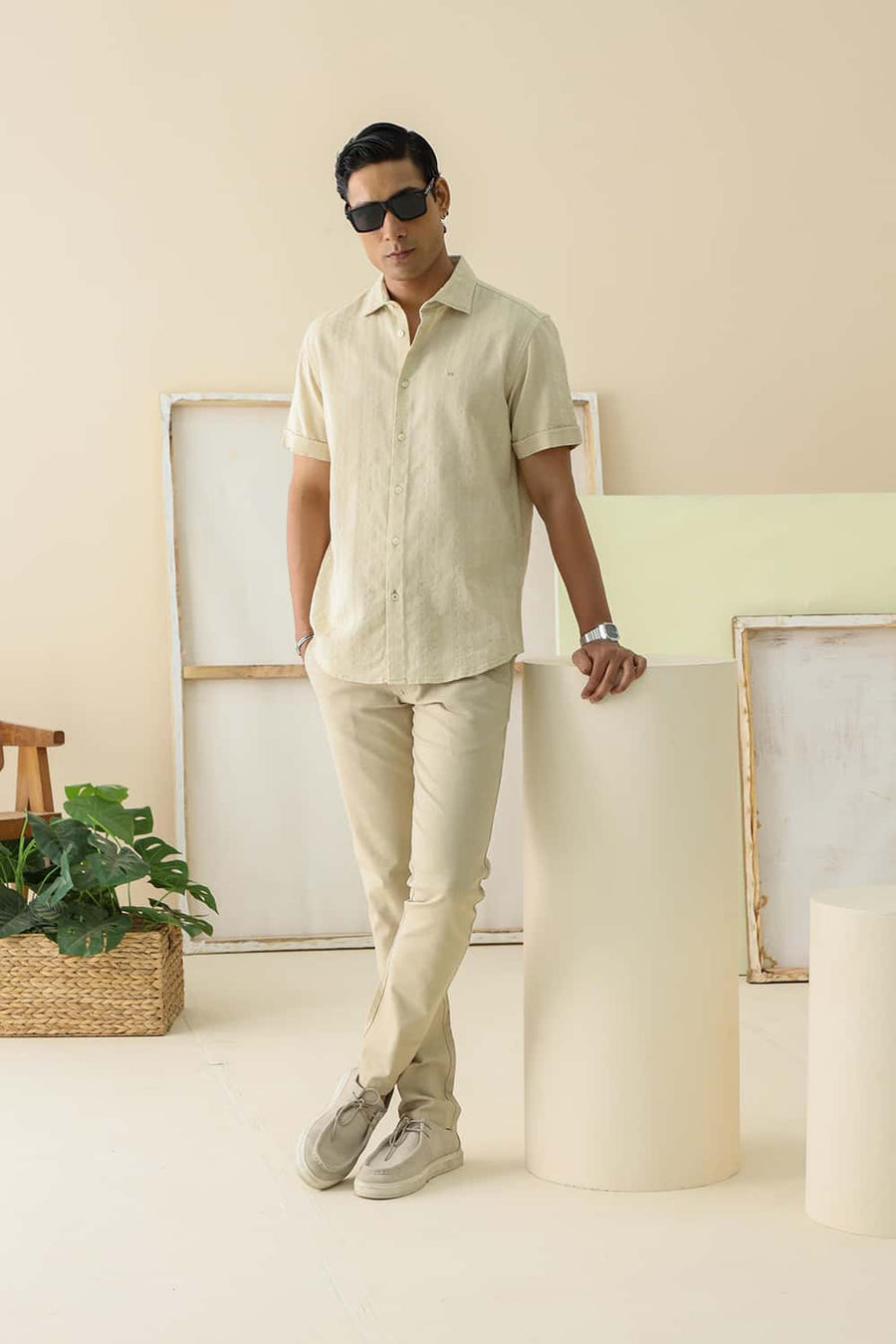 Basics Slim Fit Beige Brulee Cotton Leno Dobby Halfsleeves Shirt