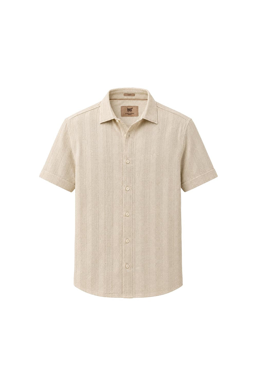 BASICS SLIM FIT BEIGE BRULEE COTTON LENO DOBBY HALFSLEEVES SHIRT