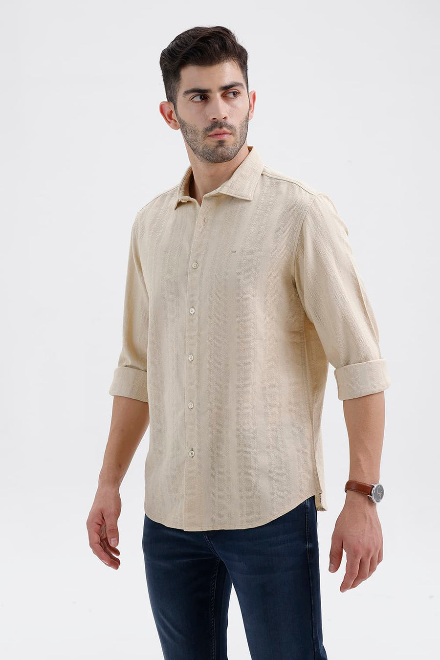 BASICS SLIM FIT BEIGE BRULEE COTTON LENO DOBBY SHIRT