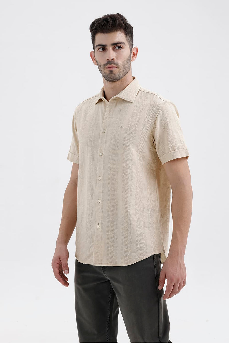 BASICS SLIM FIT BEIGE BRULEE COTTON LENO DOBBY HALFSLEEVES SHIRT