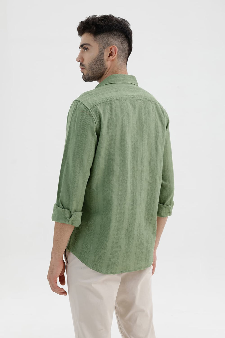 BASICS SLIM FIT OIL GREEN COTTON LENO DOBBY SHIRT