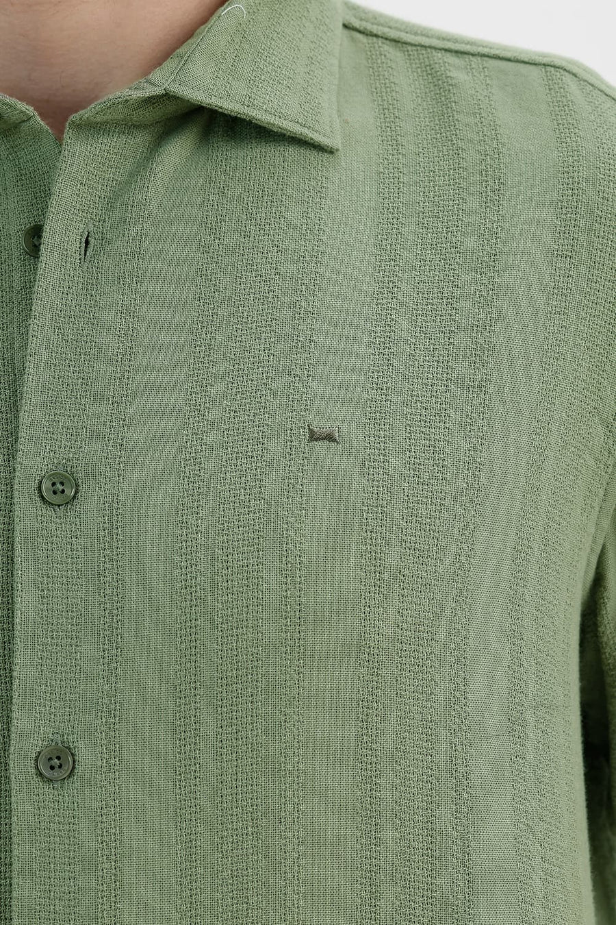 BASICS SLIM FIT OIL GREEN COTTON LENO DOBBY SHIRT