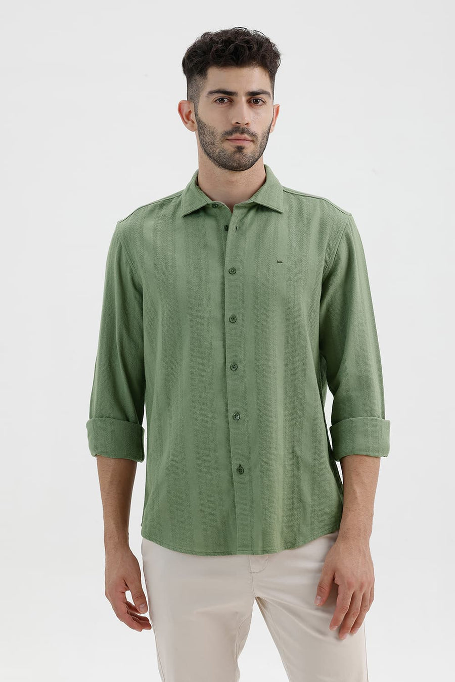 BASICS SLIM FIT OIL GREEN COTTON LENO DOBBY SHIRT