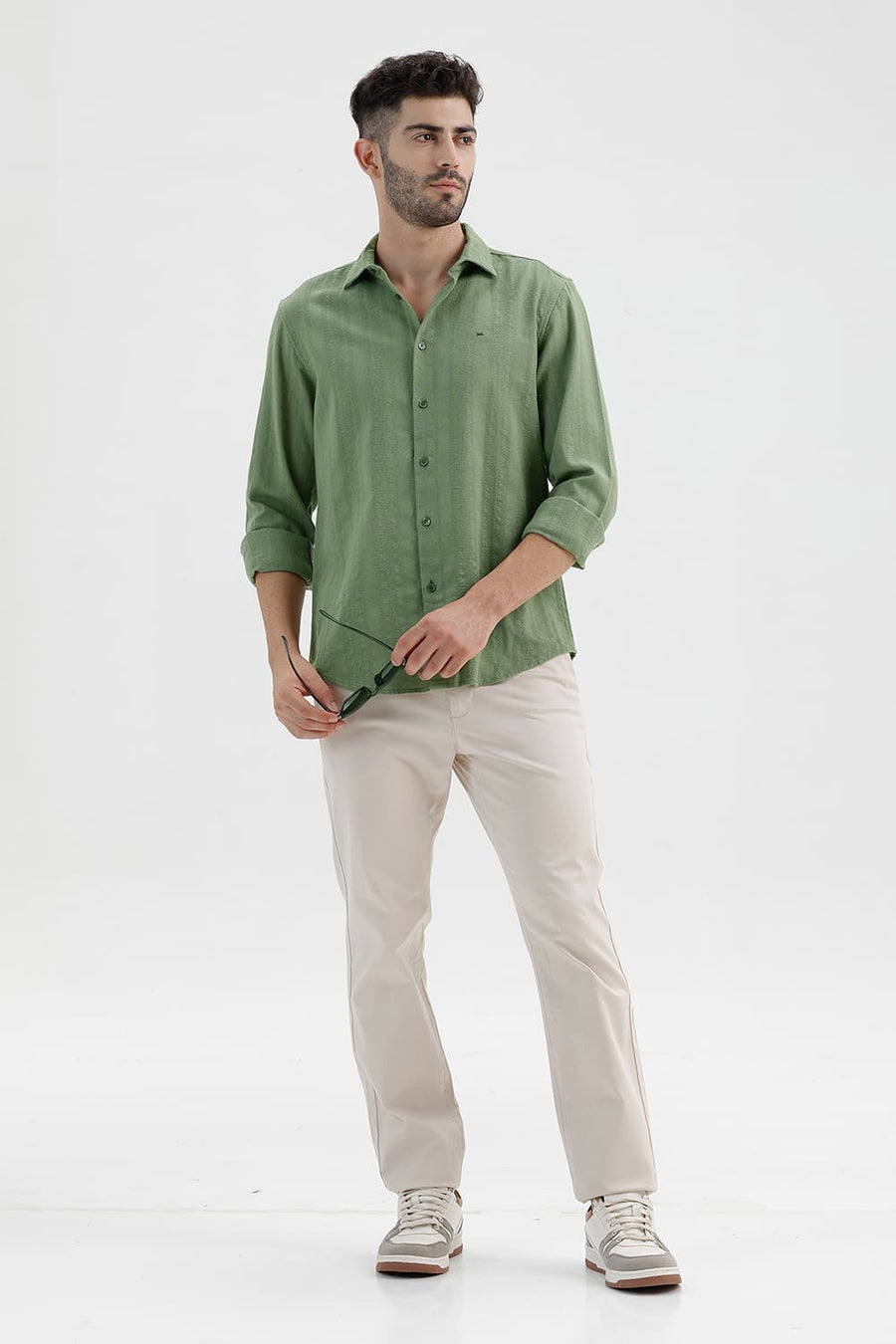 BASICS SLIM FIT OIL GREEN COTTON LENO DOBBY SHIRT