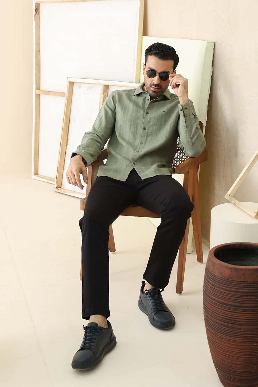 Basics Slim Fit Oil Green Cotton Leno Dobby Shirt