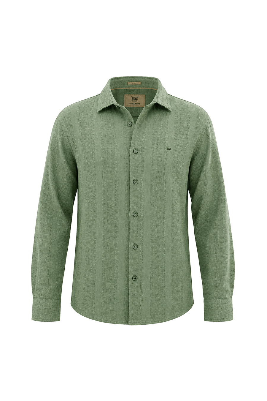 BASICS SLIM FIT OIL GREEN COTTON LENO DOBBY SHIRT