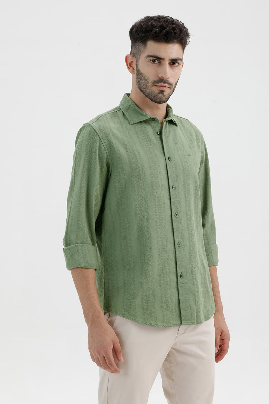 BASICS SLIM FIT OIL GREEN COTTON LENO DOBBY SHIRT