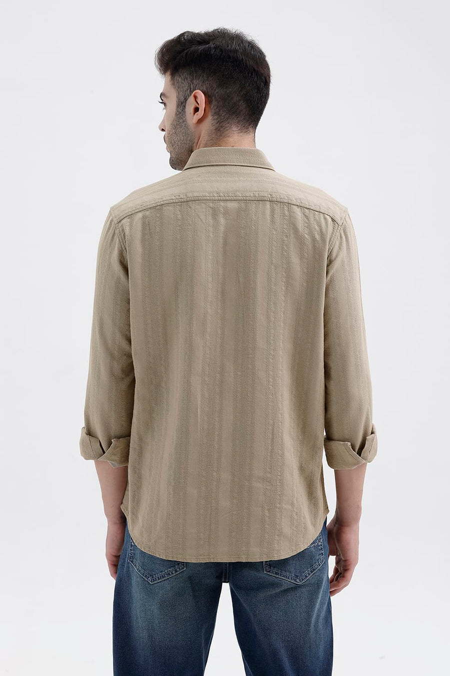 BASICS SLIM FIT TUFFET BROWN COTTON LENO DOBBY SHIRT