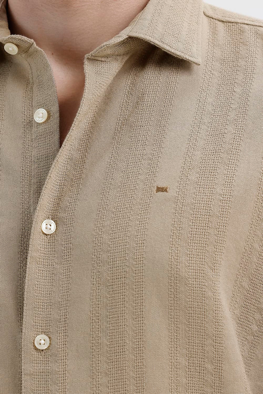 BASICS SLIM FIT TUFFET BROWN COTTON LENO DOBBY SHIRT