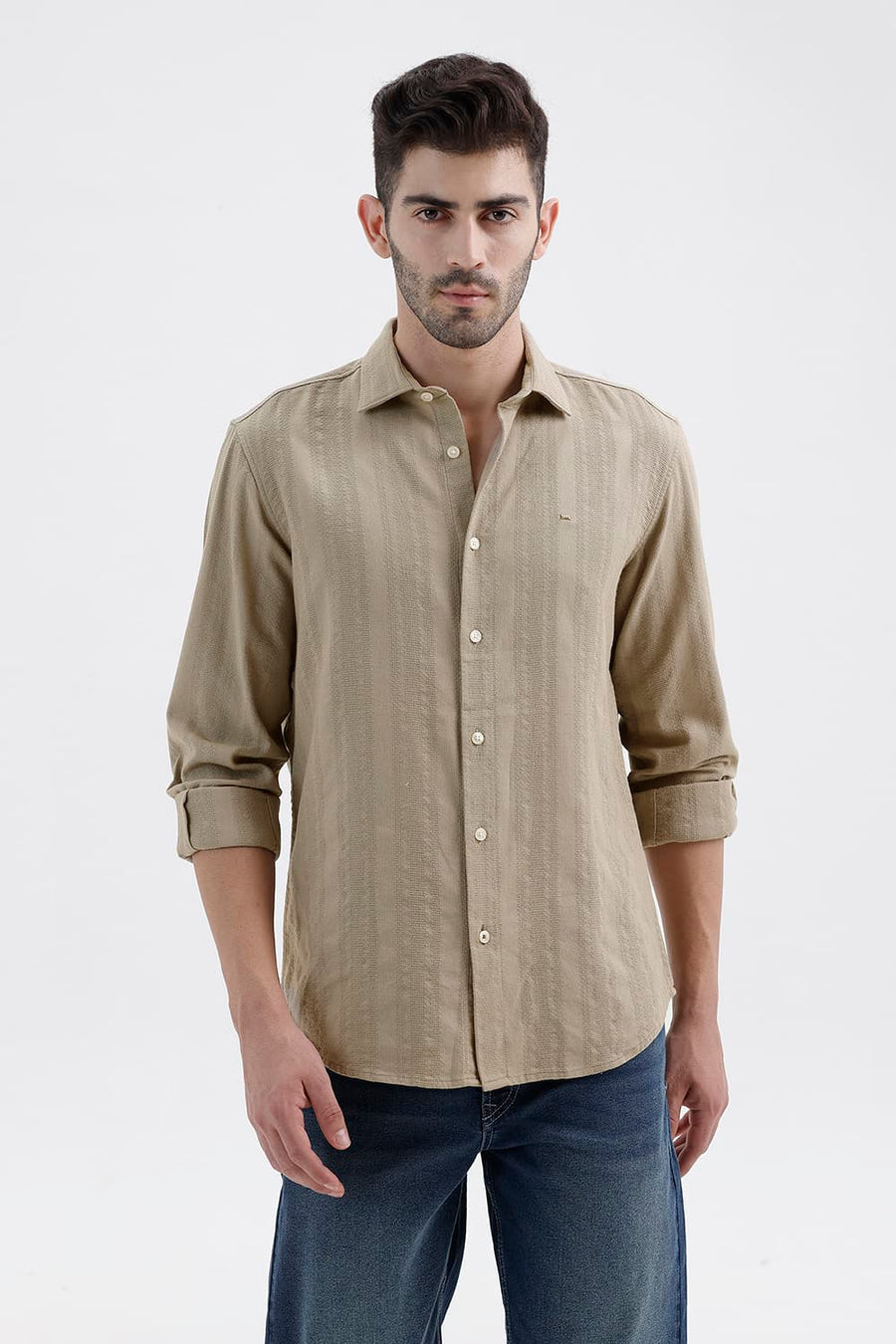 BASICS SLIM FIT TUFFET BROWN COTTON LENO DOBBY SHIRT