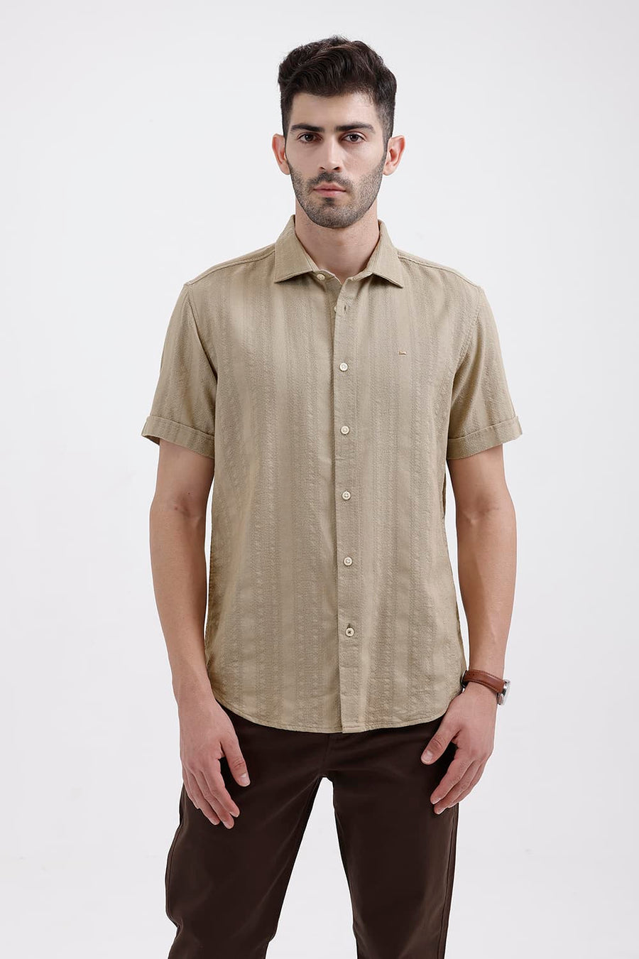 BASICS SLIM FIT TUFFET BROWN COTTON LENO DOBBY HALFSLEEVES SHIRT