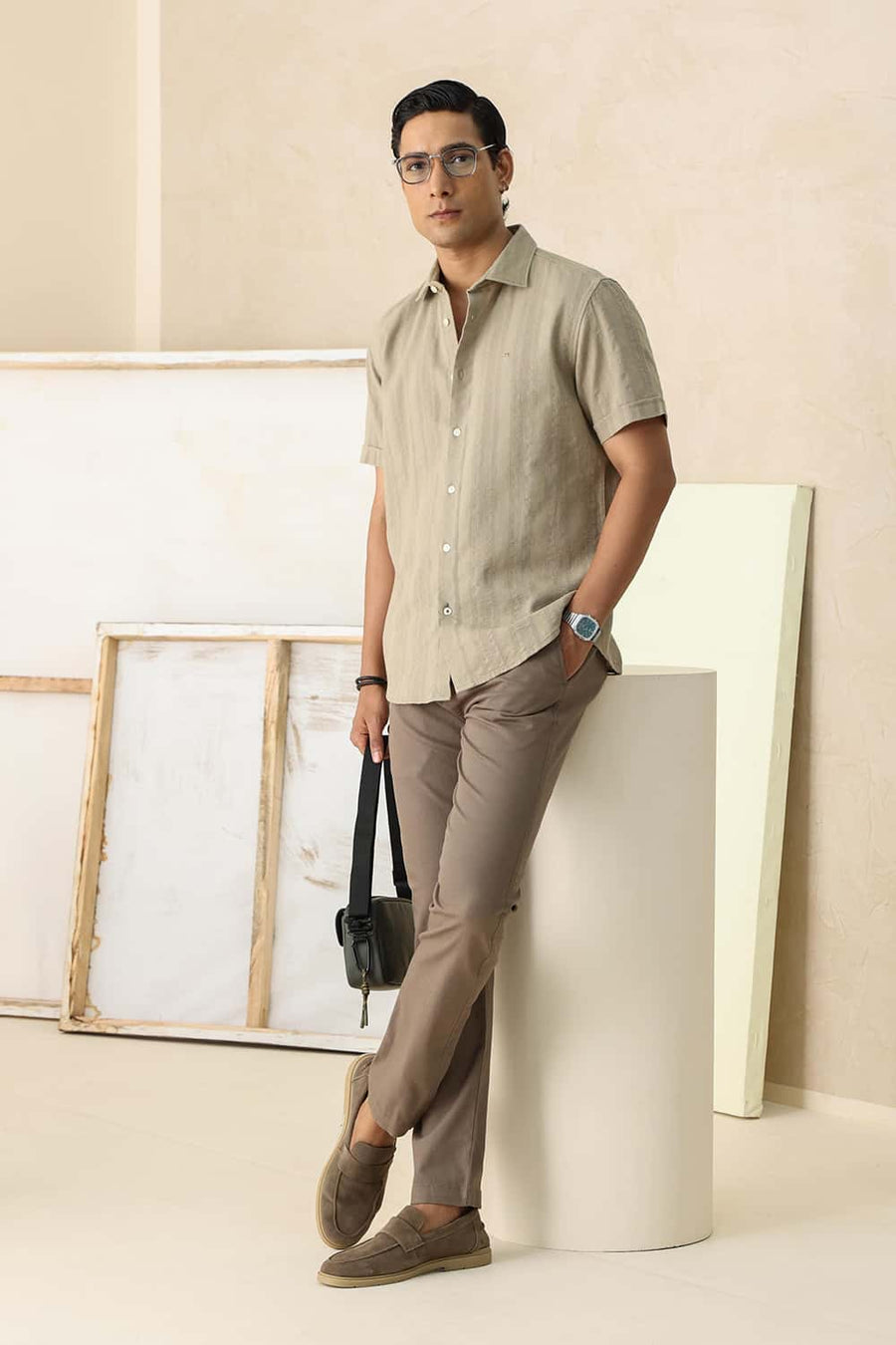 Basics Slim Fit Tuffet Brown Cotton Leno Dobby Halfsleeves Shirt