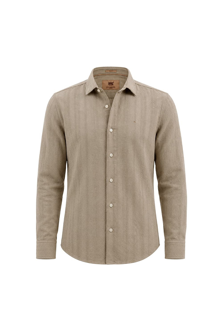 BASICS SLIM FIT TUFFET BROWN COTTON LENO DOBBY SHIRT
