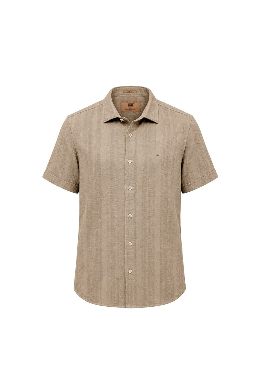 BASICS SLIM FIT TUFFET BROWN COTTON LENO DOBBY HALFSLEEVES SHIRT