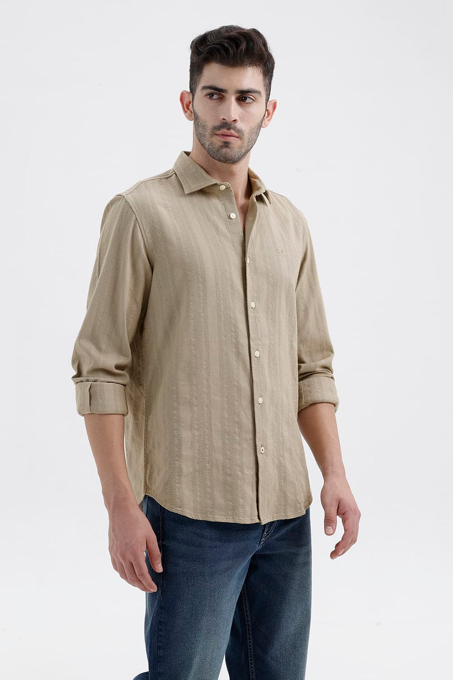 BASICS SLIM FIT TUFFET BROWN COTTON LENO DOBBY SHIRT