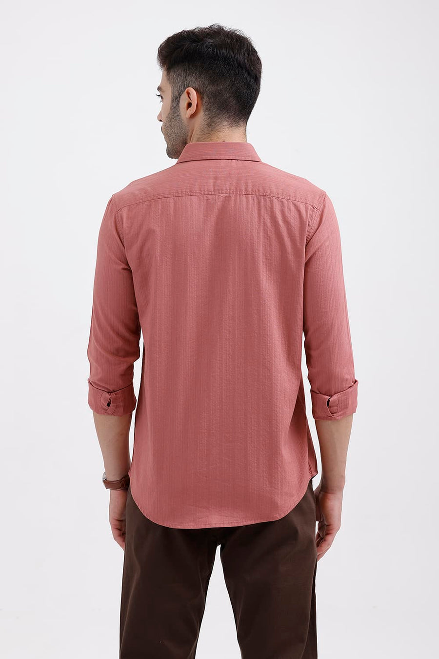 BASICS SLIM FIT ROSE PINK COTTON DOBBY VERTICAL STRIPE SHIRT