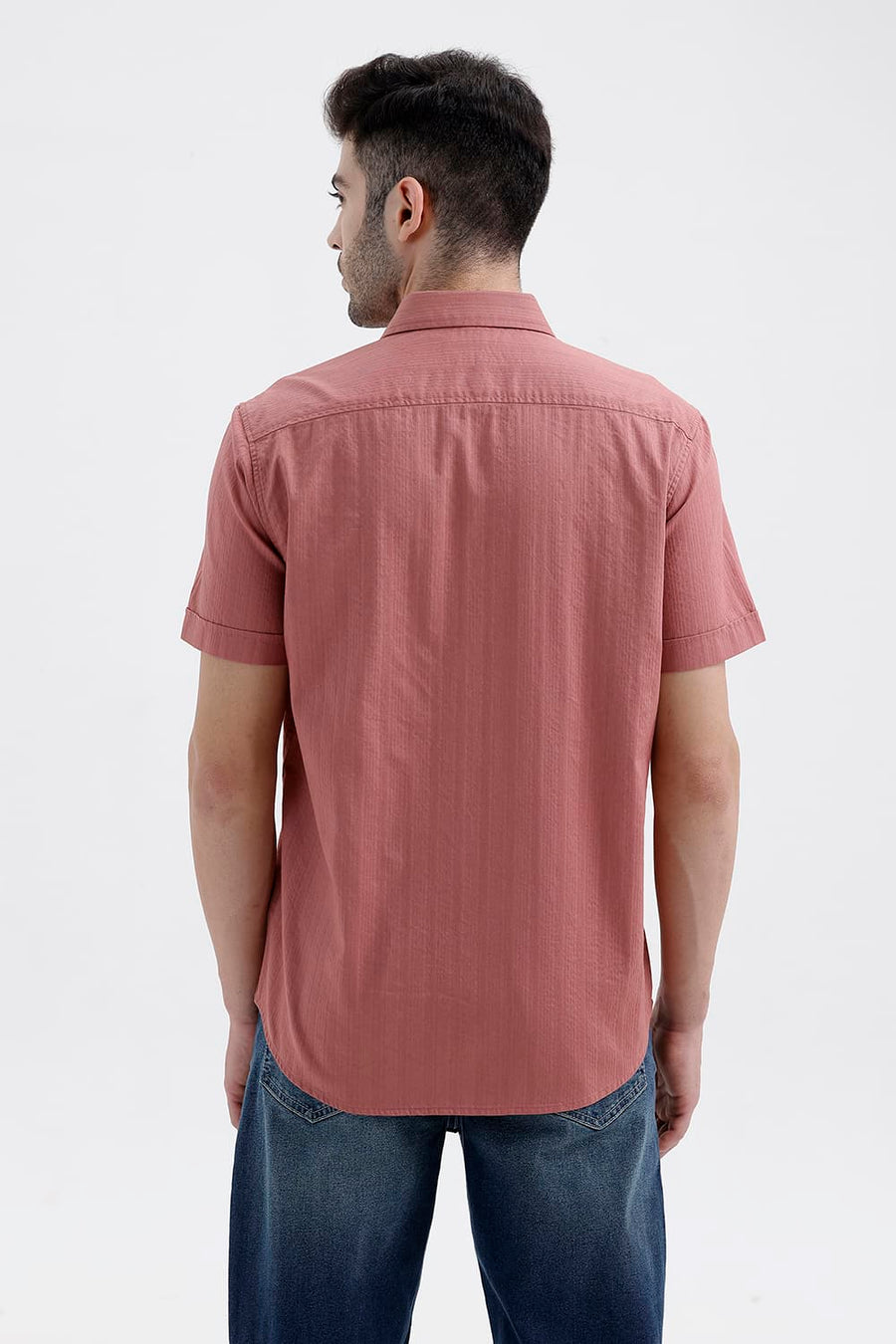 BASICS SLIM FIT ROSE PINK COTTON DOBBY VERTICAL STRIPE HALFSLEEVES SHIRT