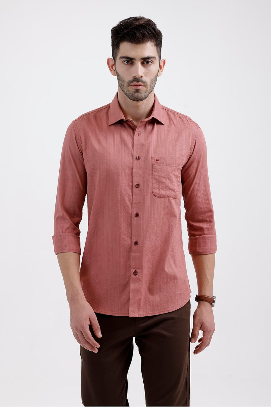 BASICS SLIM FIT ROSE PINK COTTON DOBBY VERTICAL STRIPE SHIRT