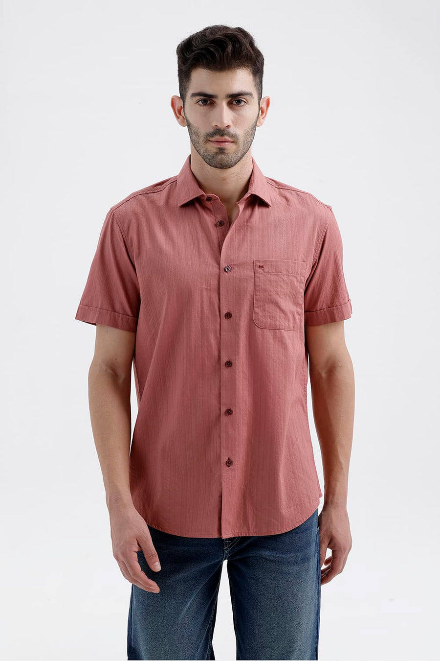 BASICS SLIM FIT ROSE PINK COTTON DOBBY VERTICAL STRIPE HALFSLEEVES SHIRT