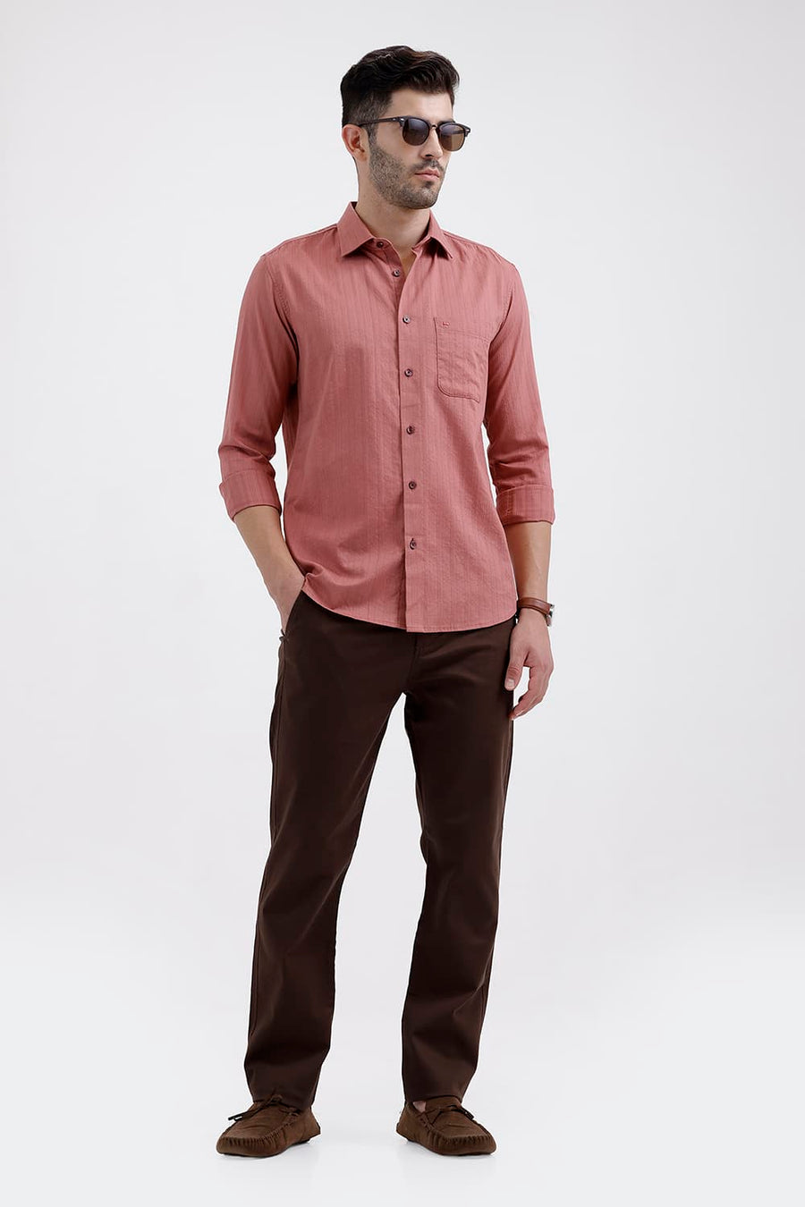 BASICS SLIM FIT ROSE PINK COTTON DOBBY VERTICAL STRIPE SHIRT