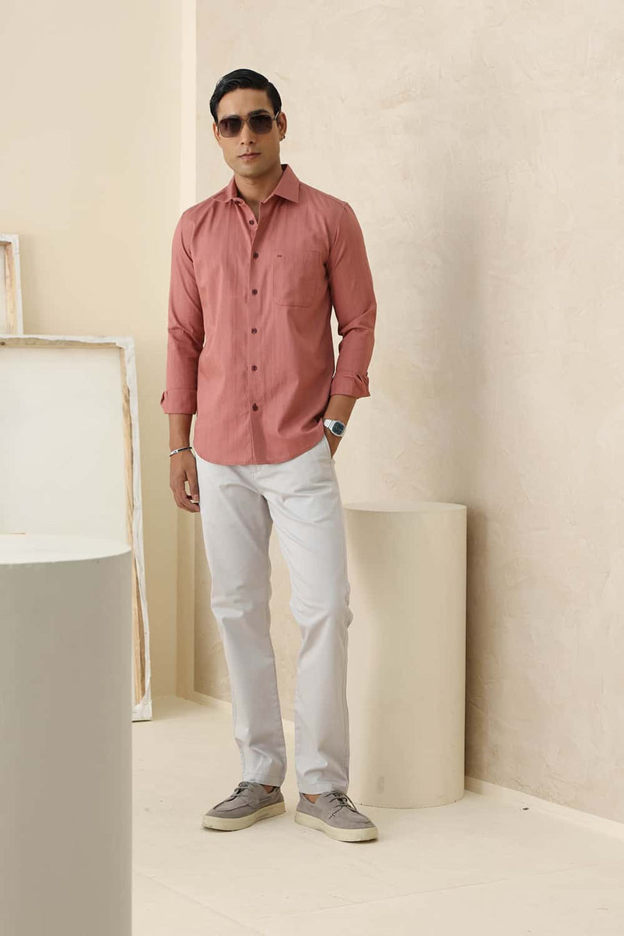 Basics Slim Fit Rose Pink Cotton Dobby Vertical Stripe Shirt