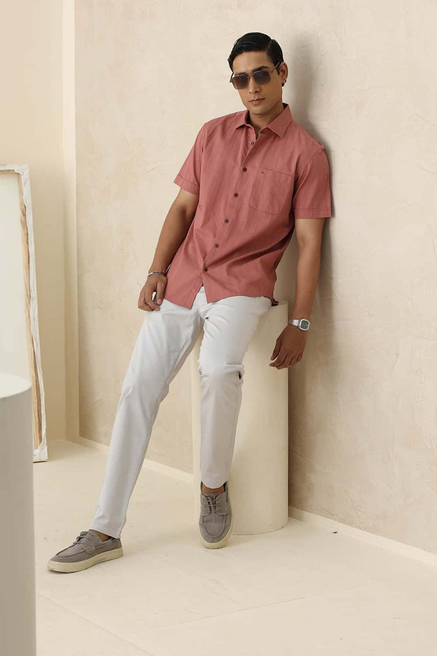 Basics Slim Fit Rose Pink Cotton Dobby Vertical Stripe Halfsleeves Shirt