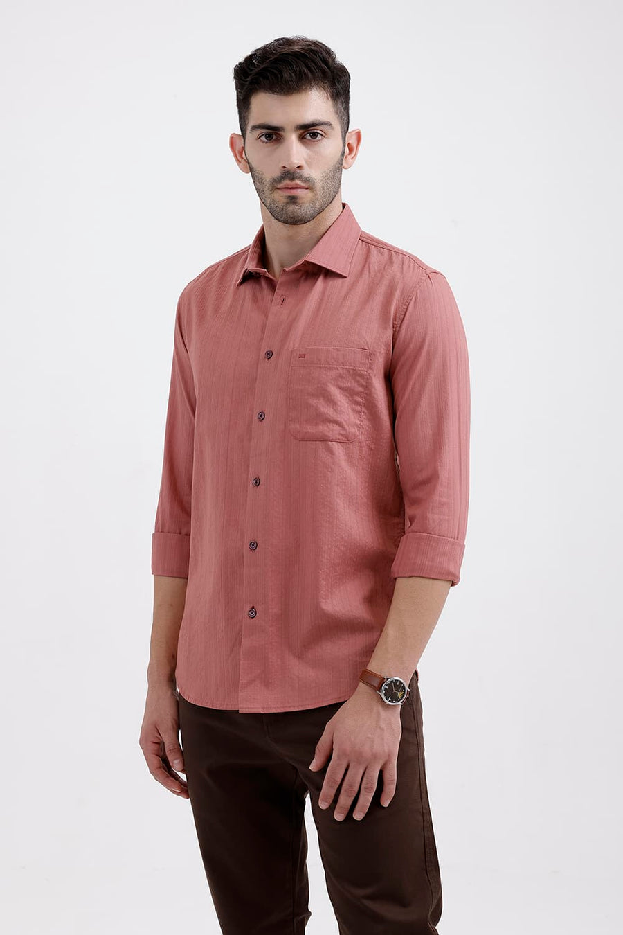 BASICS SLIM FIT ROSE PINK COTTON DOBBY VERTICAL STRIPE SHIRT