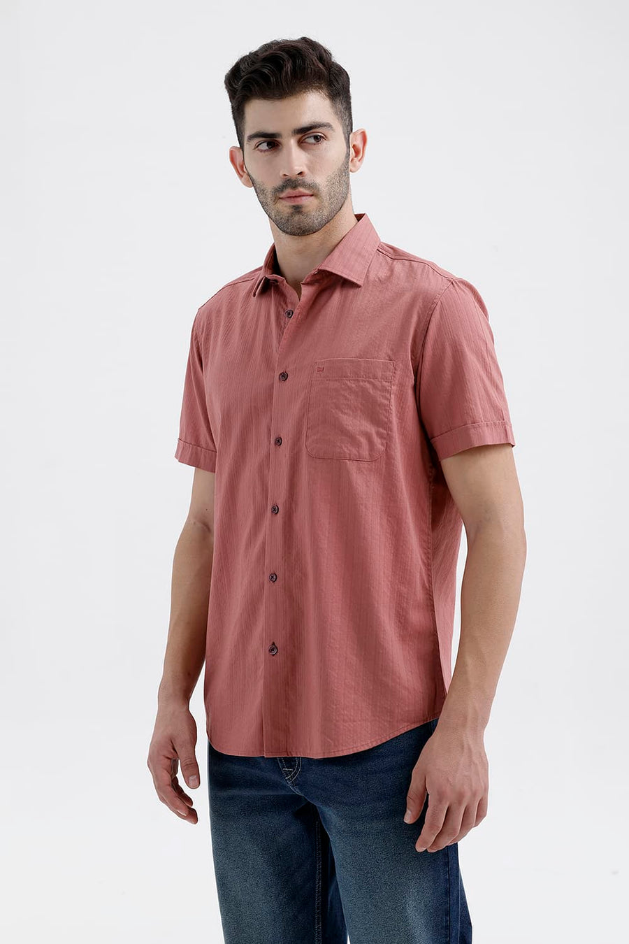 BASICS SLIM FIT ROSE PINK COTTON DOBBY VERTICAL STRIPE HALFSLEEVES SHIRT