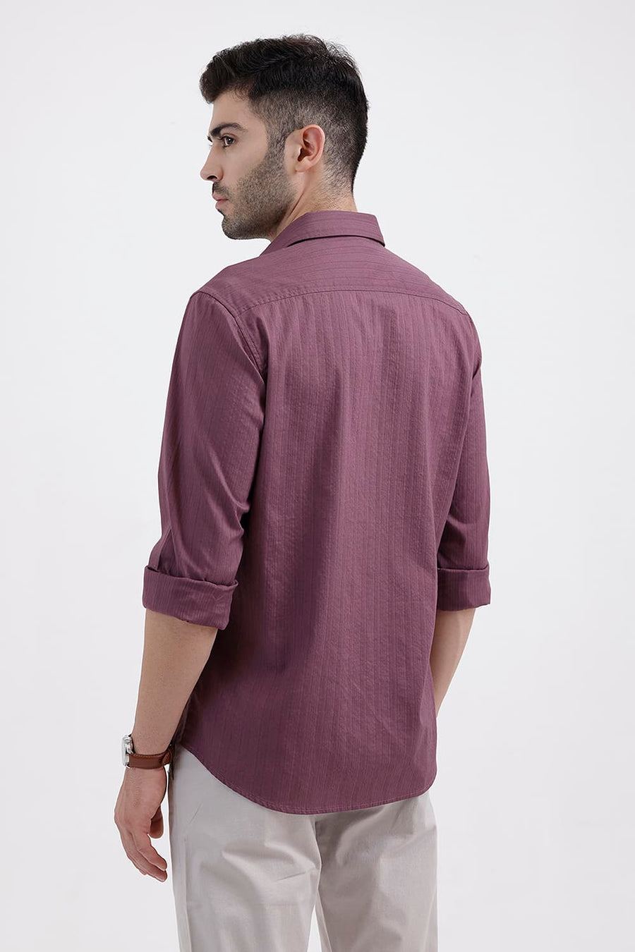 BASICS SLIM FIT TULIPWOOD PURPLE COTTON DOBBY VERTICAL STRIPE SHIRT