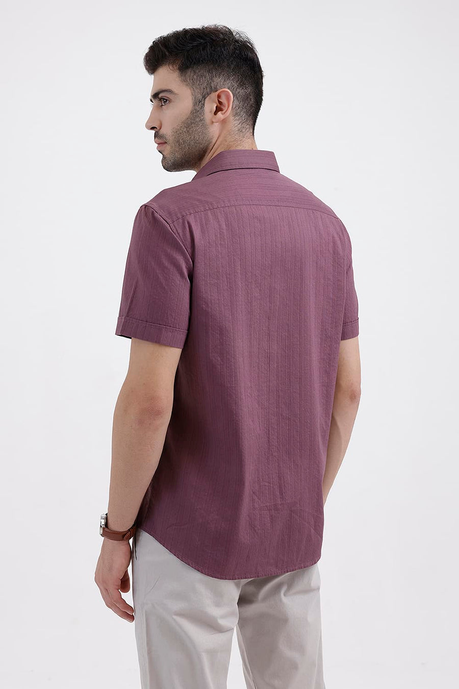 BASICS SLIM FIT TULIPWOOD PURPLE COTTON DOBBY VERTICAL STRIPE HALFSLEEVES SHIRT