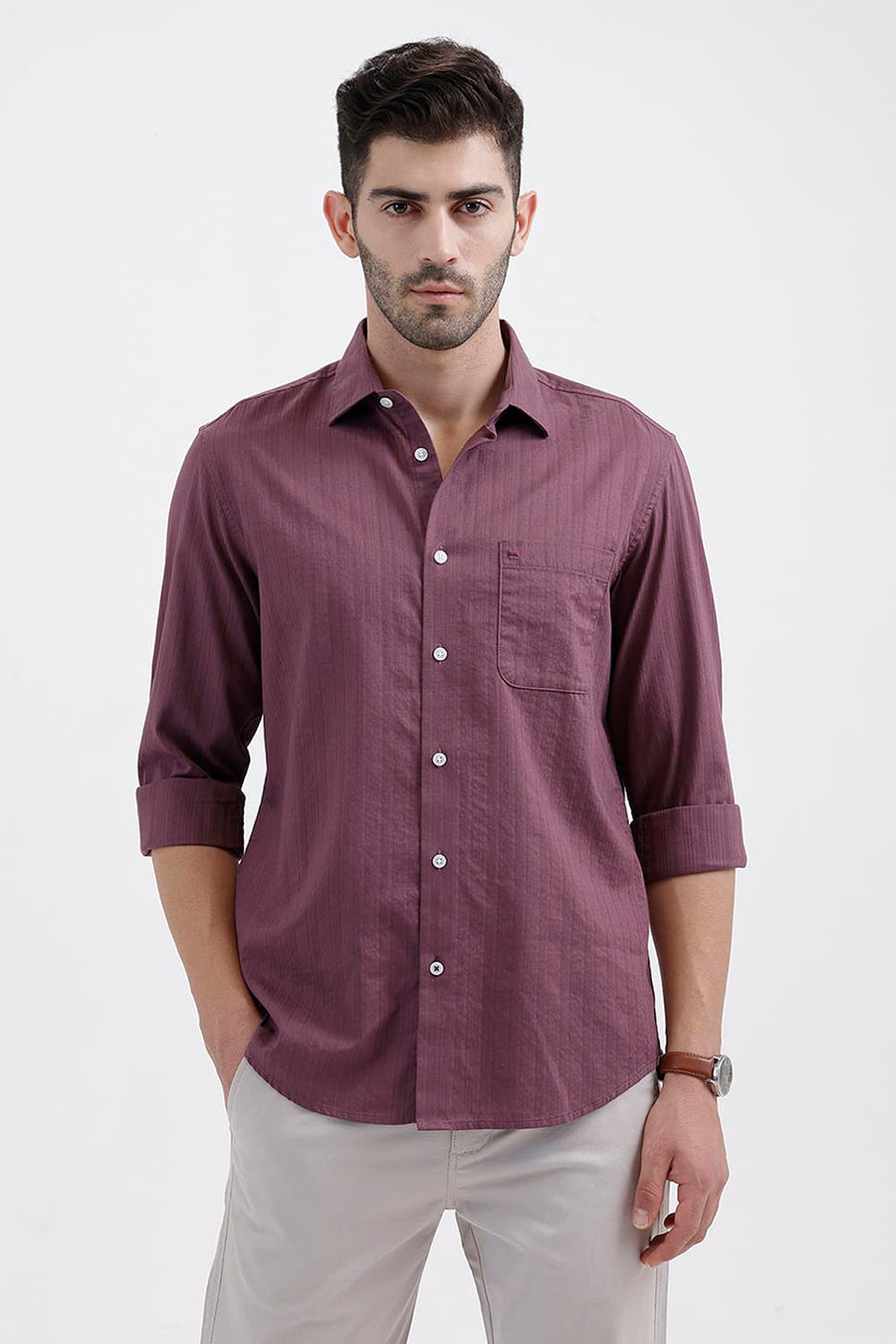 BASICS SLIM FIT TULIPWOOD PURPLE COTTON DOBBY VERTICAL STRIPE SHIRT