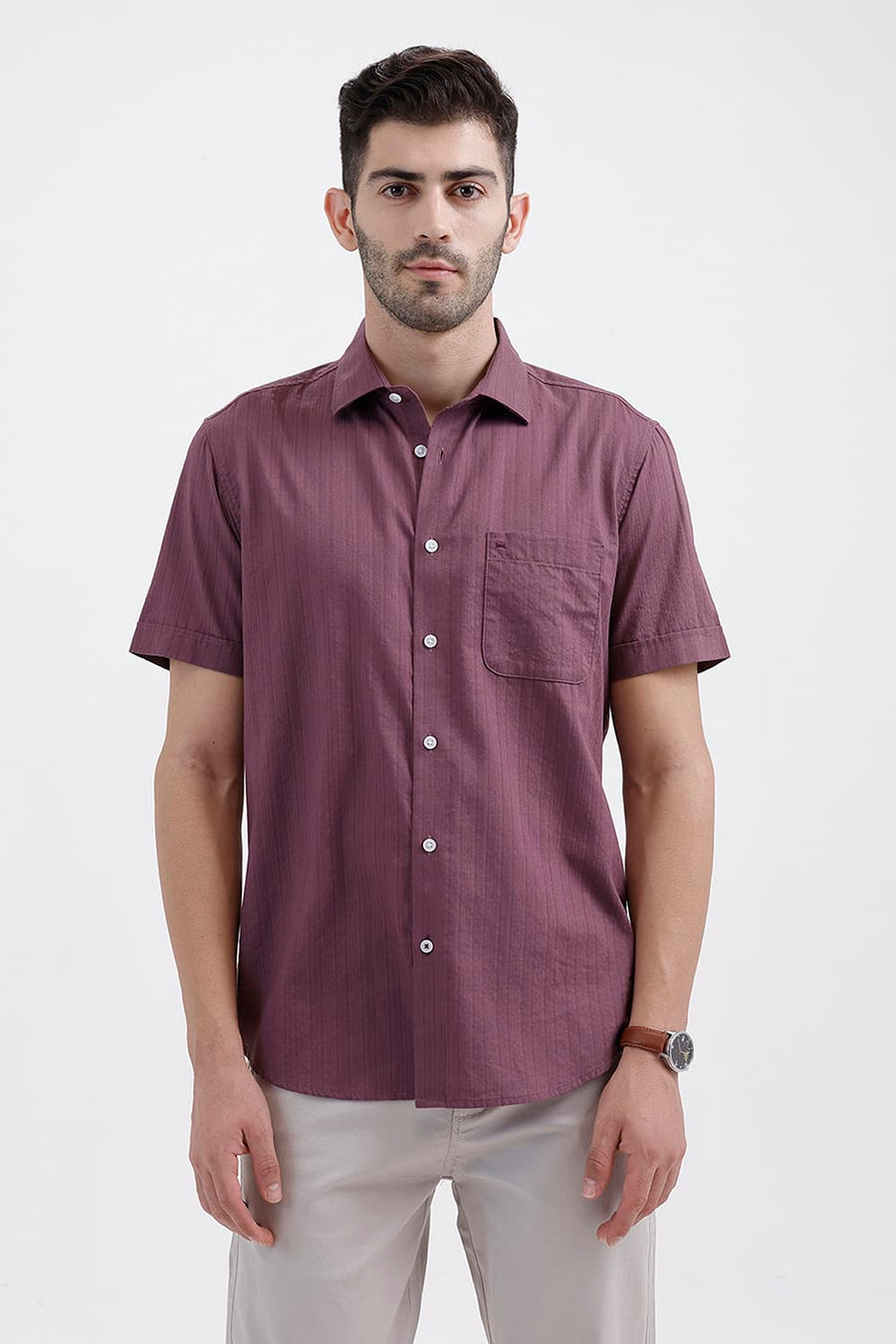 BASICS SLIM FIT TULIPWOOD PURPLE COTTON DOBBY VERTICAL STRIPE HALFSLEEVES SHIRT