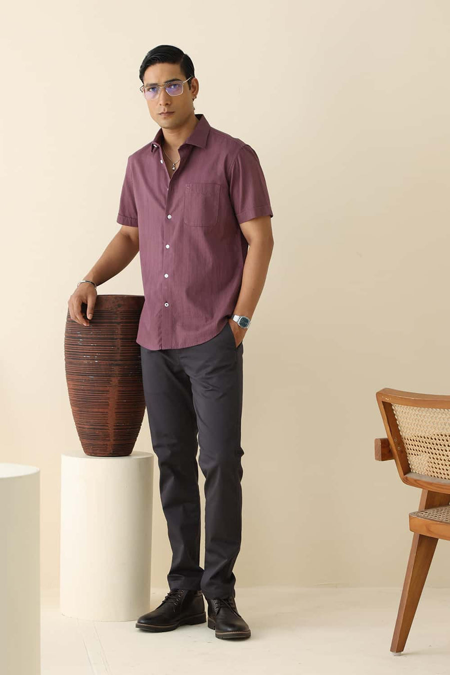 Basics Slim Fit Tulipwood Purple Cotton Dobby Vertical Stripe Halfsleeves Shirt