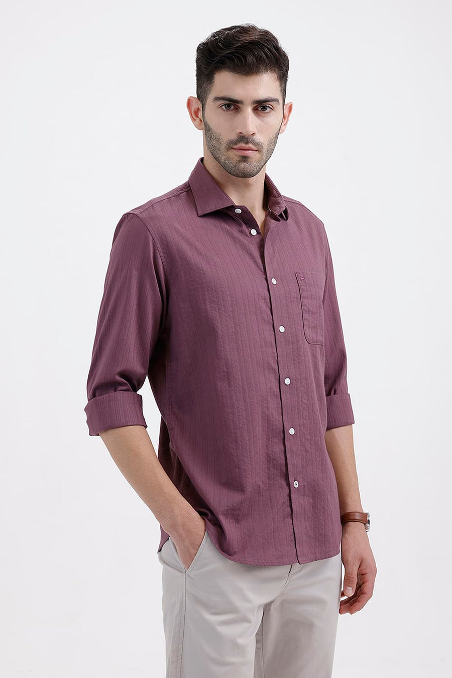 BASICS SLIM FIT TULIPWOOD PURPLE COTTON DOBBY VERTICAL STRIPE SHIRT