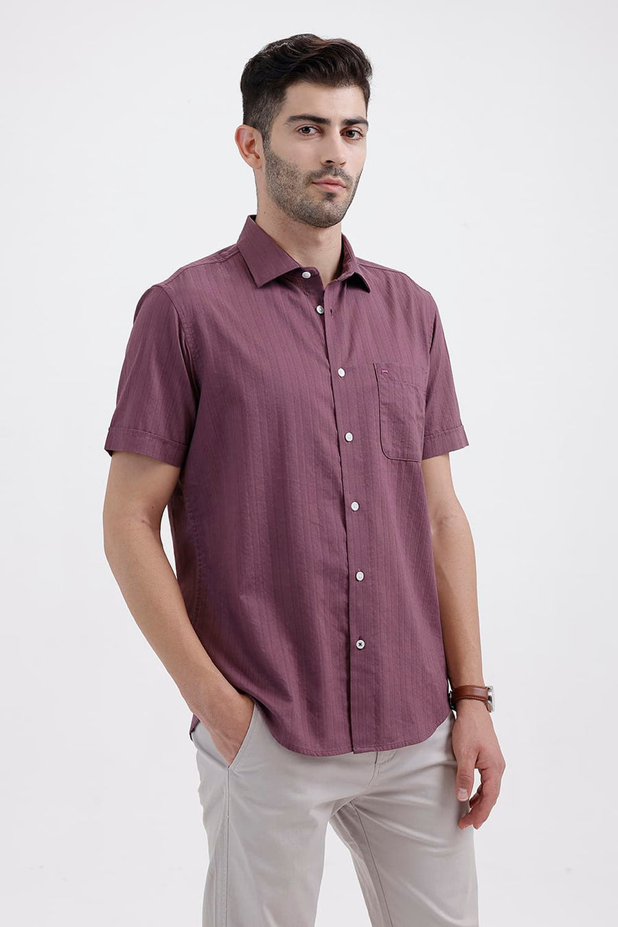 BASICS SLIM FIT TULIPWOOD PURPLE COTTON DOBBY VERTICAL STRIPE HALFSLEEVES SHIRT