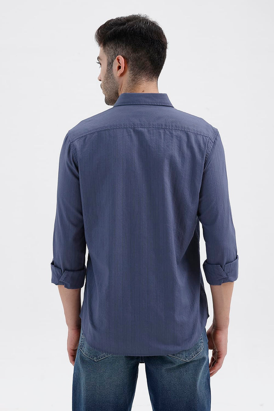 BASICS SLIM FIT SEA NAVY COTTON DOBBY VERTICAL STRIPE SHIRT