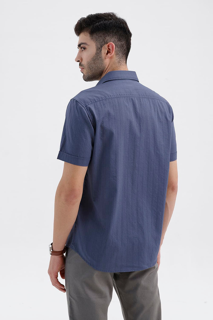 BASICS SLIM FIT SEA NAVY COTTON DOBBY VERTICAL STRIPE HALFSLEEVES SHIRT