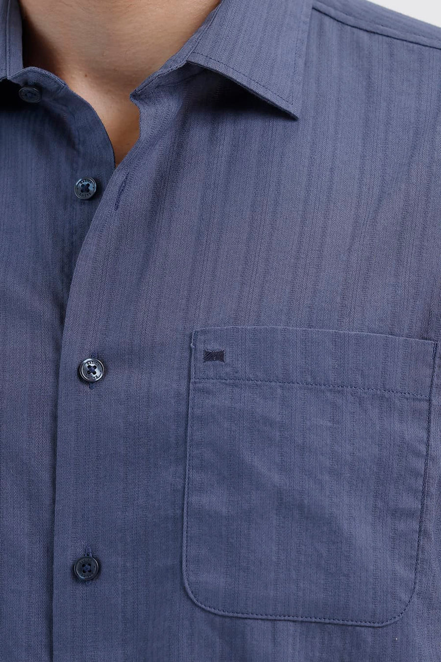 BASICS SLIM FIT SEA NAVY COTTON DOBBY VERTICAL STRIPE SHIRT