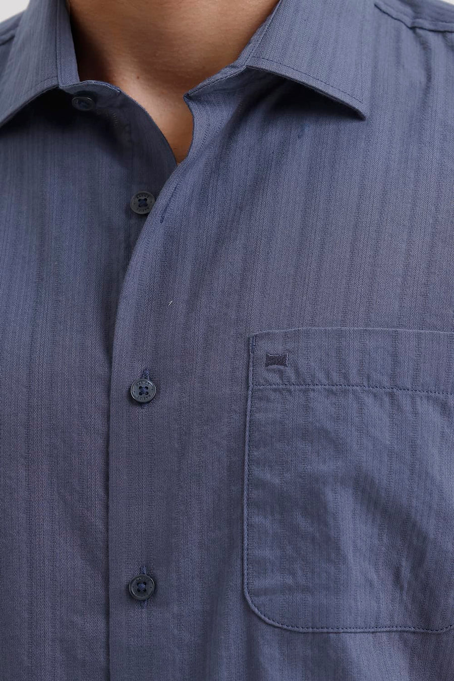 BASICS SLIM FIT SEA NAVY COTTON DOBBY VERTICAL STRIPE HALFSLEEVES SHIRT