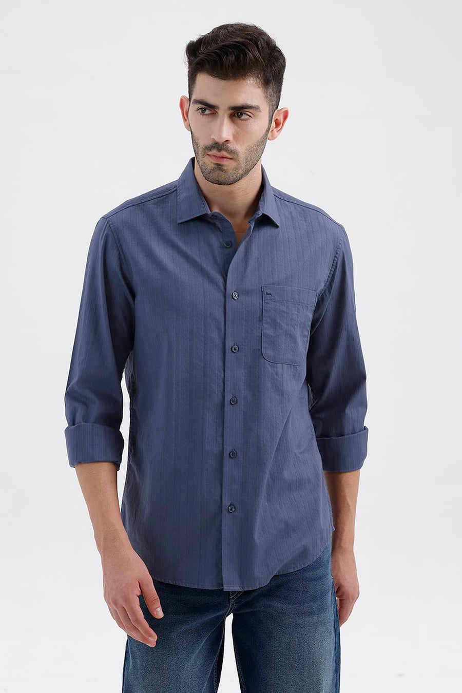 BASICS SLIM FIT SEA NAVY COTTON DOBBY VERTICAL STRIPE SHIRT
