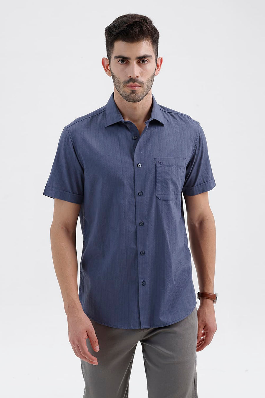 BASICS SLIM FIT SEA NAVY COTTON DOBBY VERTICAL STRIPE HALFSLEEVES SHIRT