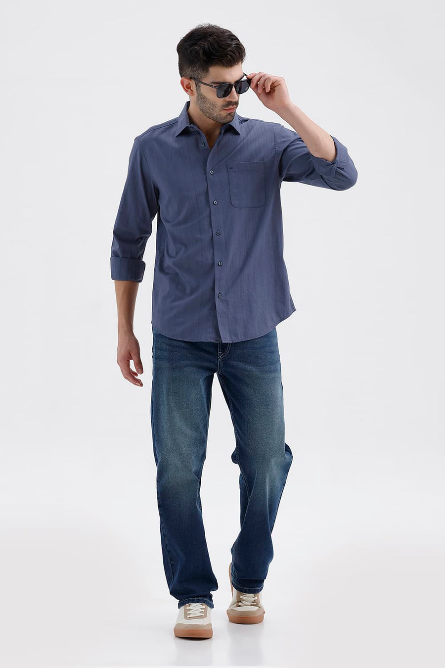 BASICS SLIM FIT SEA NAVY COTTON DOBBY VERTICAL STRIPE SHIRT