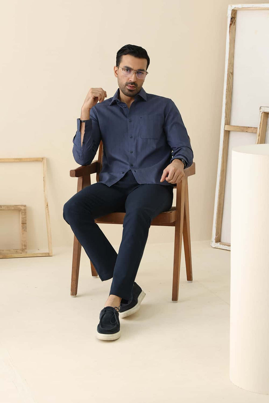 Basics Slim Fit Sea Navy Cotton Dobby Vertical Stripe Shirt