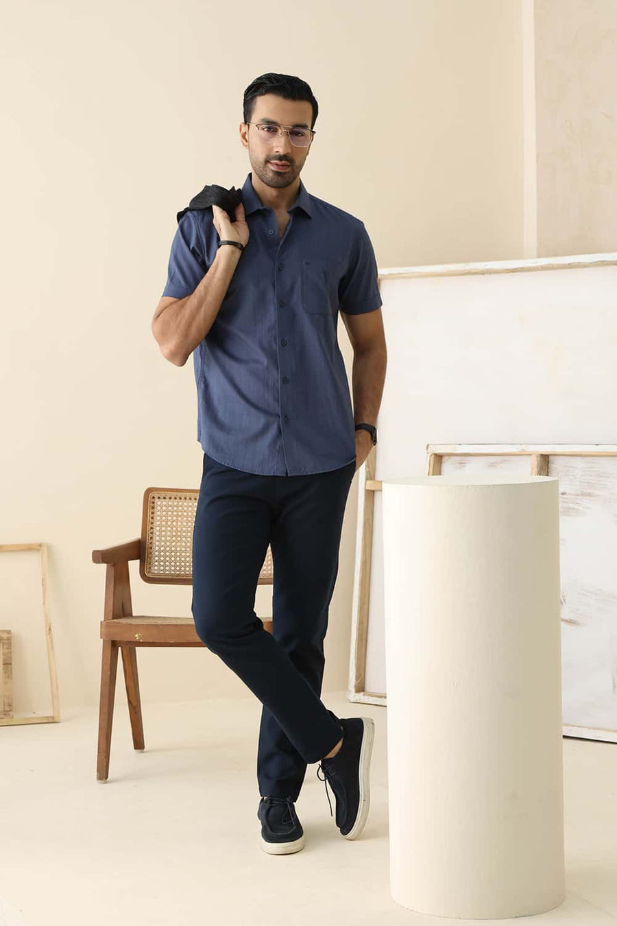 Basics Slim Fit Sea Navy Cotton Dobby Vertical Stripe Halfsleeves Shirt