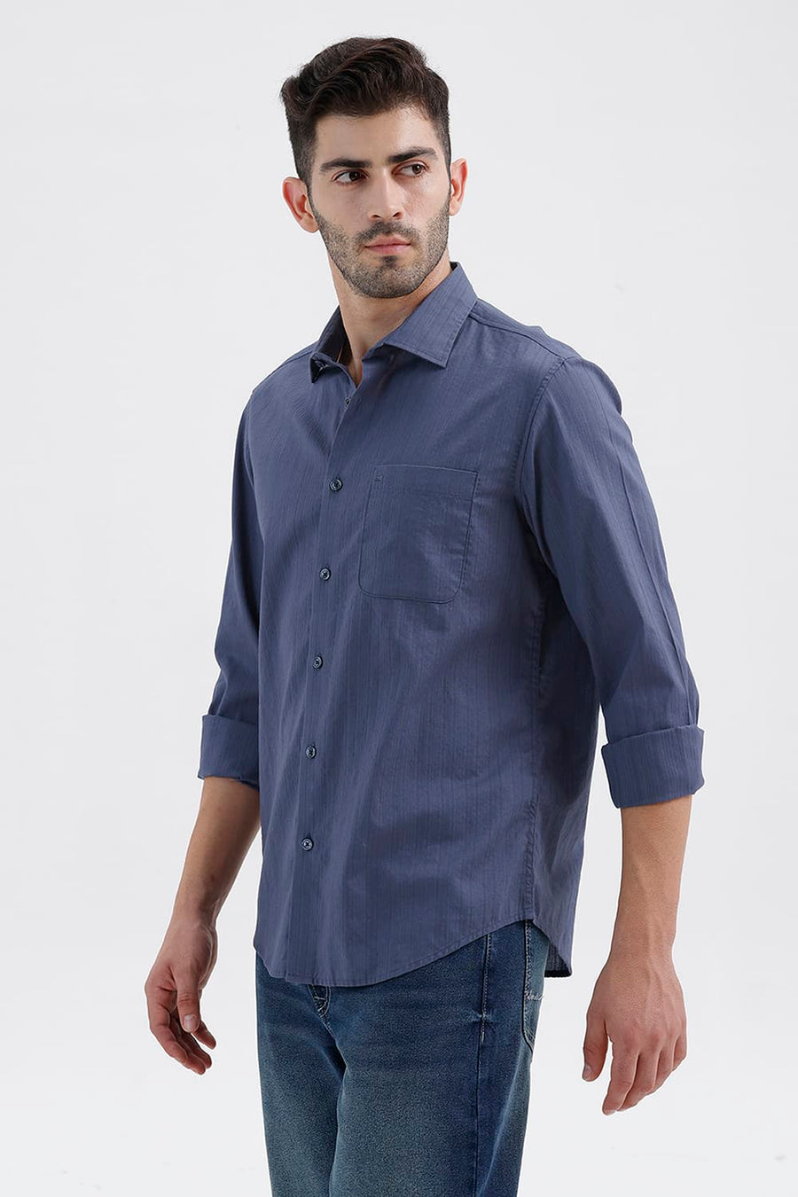 BASICS SLIM FIT SEA NAVY COTTON DOBBY VERTICAL STRIPE SHIRT