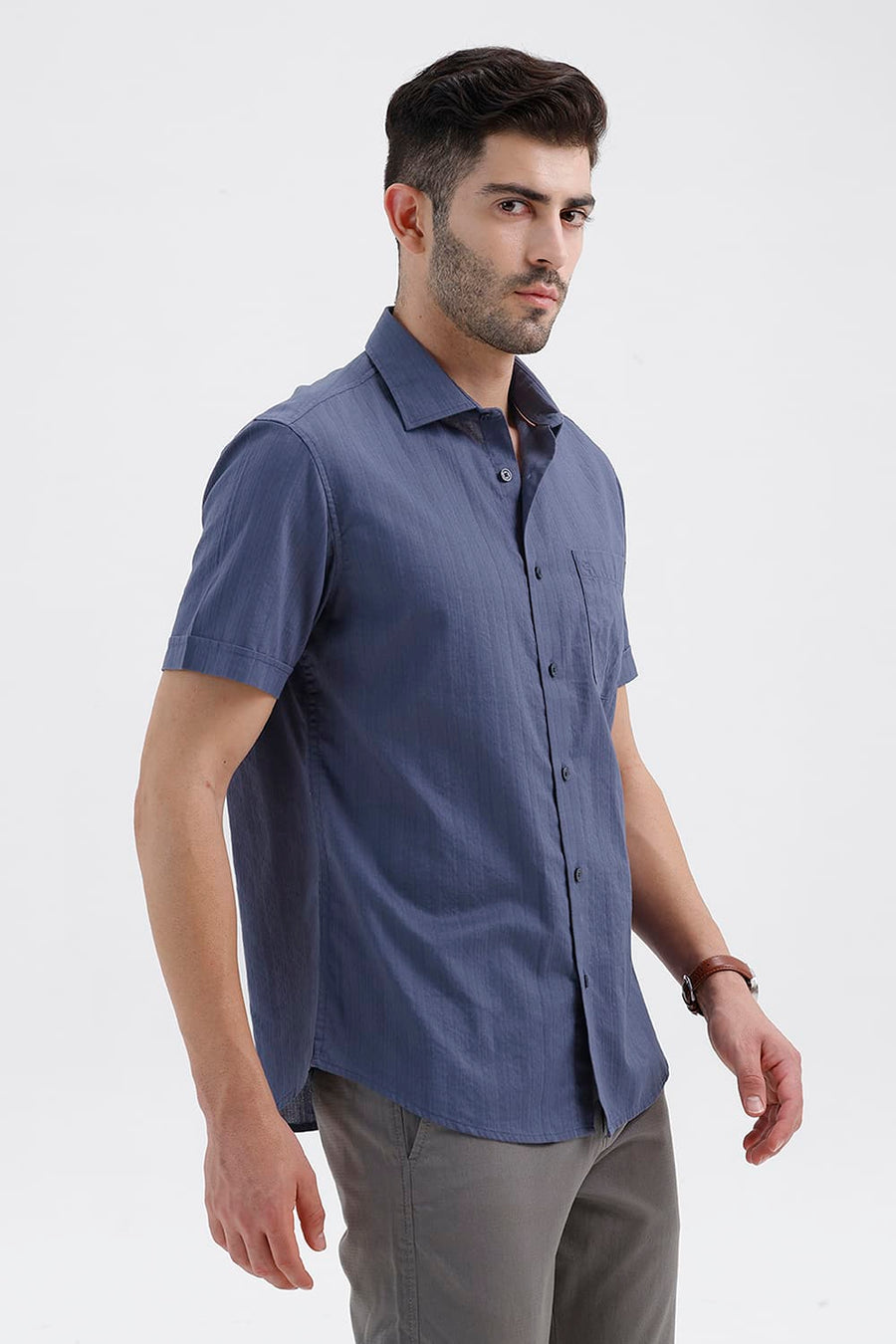 BASICS SLIM FIT SEA NAVY COTTON DOBBY VERTICAL STRIPE HALFSLEEVES SHIRT